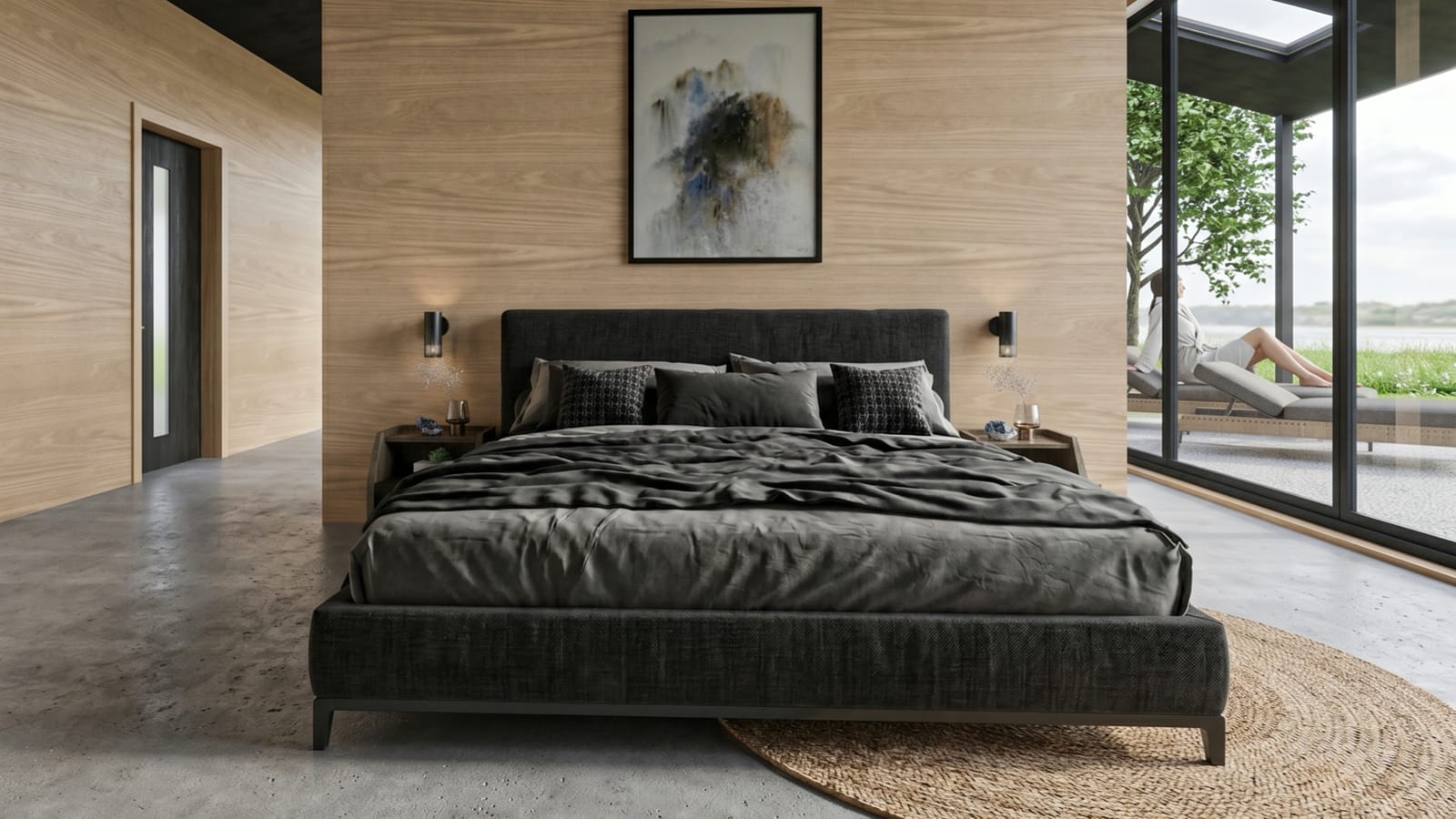 Slaapkamer met queensize bed en grote glazen pui