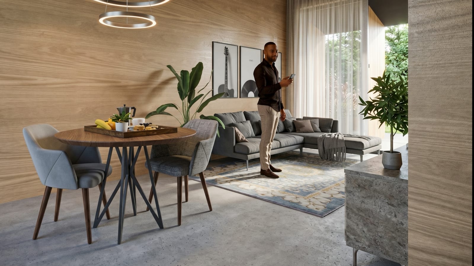 Woonkamer met eettafel en ontbijt