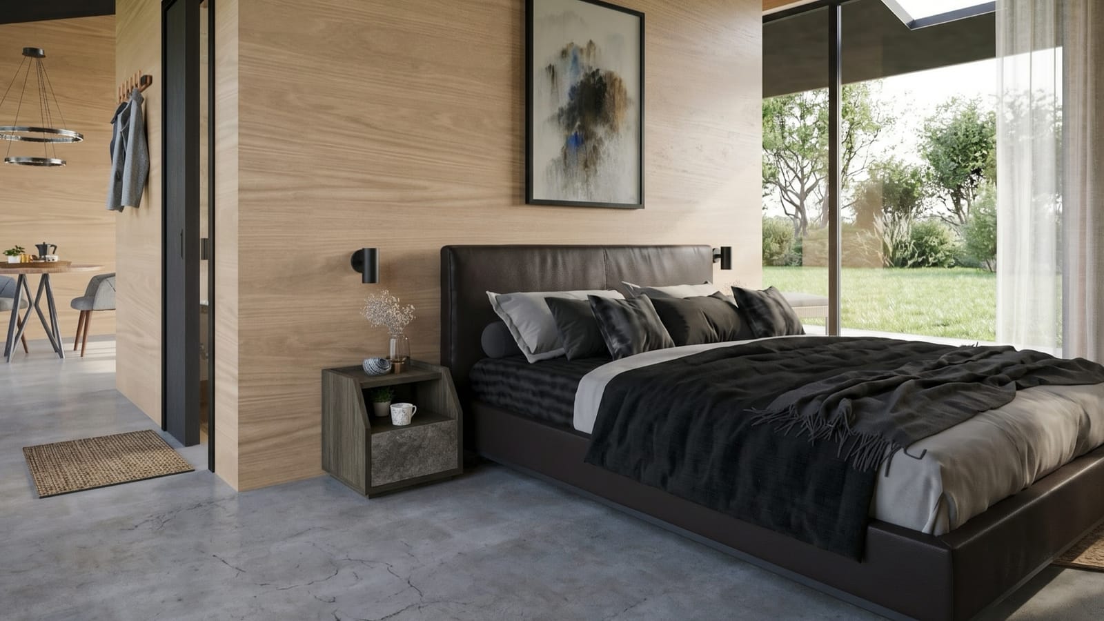 Slaapgedeelte van Lodge 058 met houten wand en uitzicht op de tuin